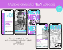 Load image into Gallery viewer, 50 Podcast Instagram Templates. Canva Template Pack. Instagram Square Posts &amp; Stories, Story, Podcasters Podcasting Social Media BUNDLE | Purple
