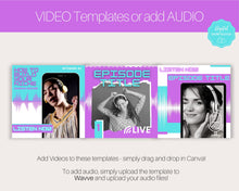 Load image into Gallery viewer, 50 Podcast Instagram Templates. Canva Template Pack. Instagram Square Posts &amp; Stories, Story, Podcasters Podcasting Social Media BUNDLE | Purple

