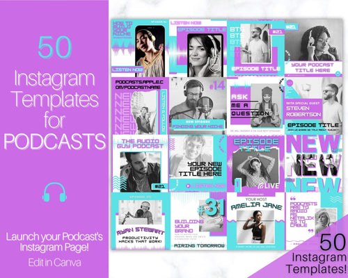 50 Podcast Instagram Templates. Canva Template Pack. Instagram Square Posts & Stories, Story, Podcasters Podcasting Social Media BUNDLE | Purple