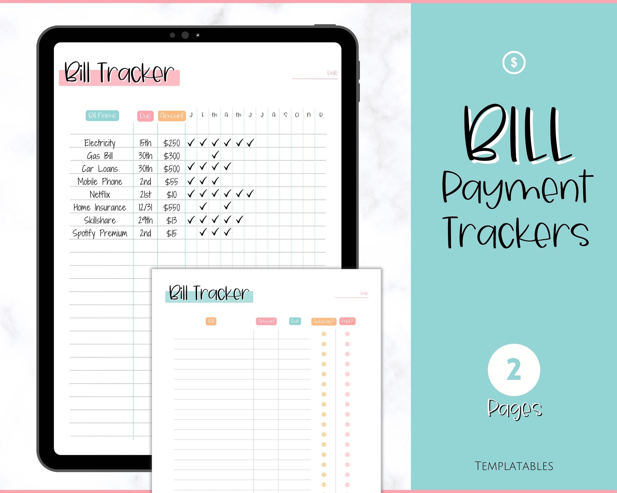 Bill Status Table Bill Tracker, Bill Payment Printables | Budget Planner Templates