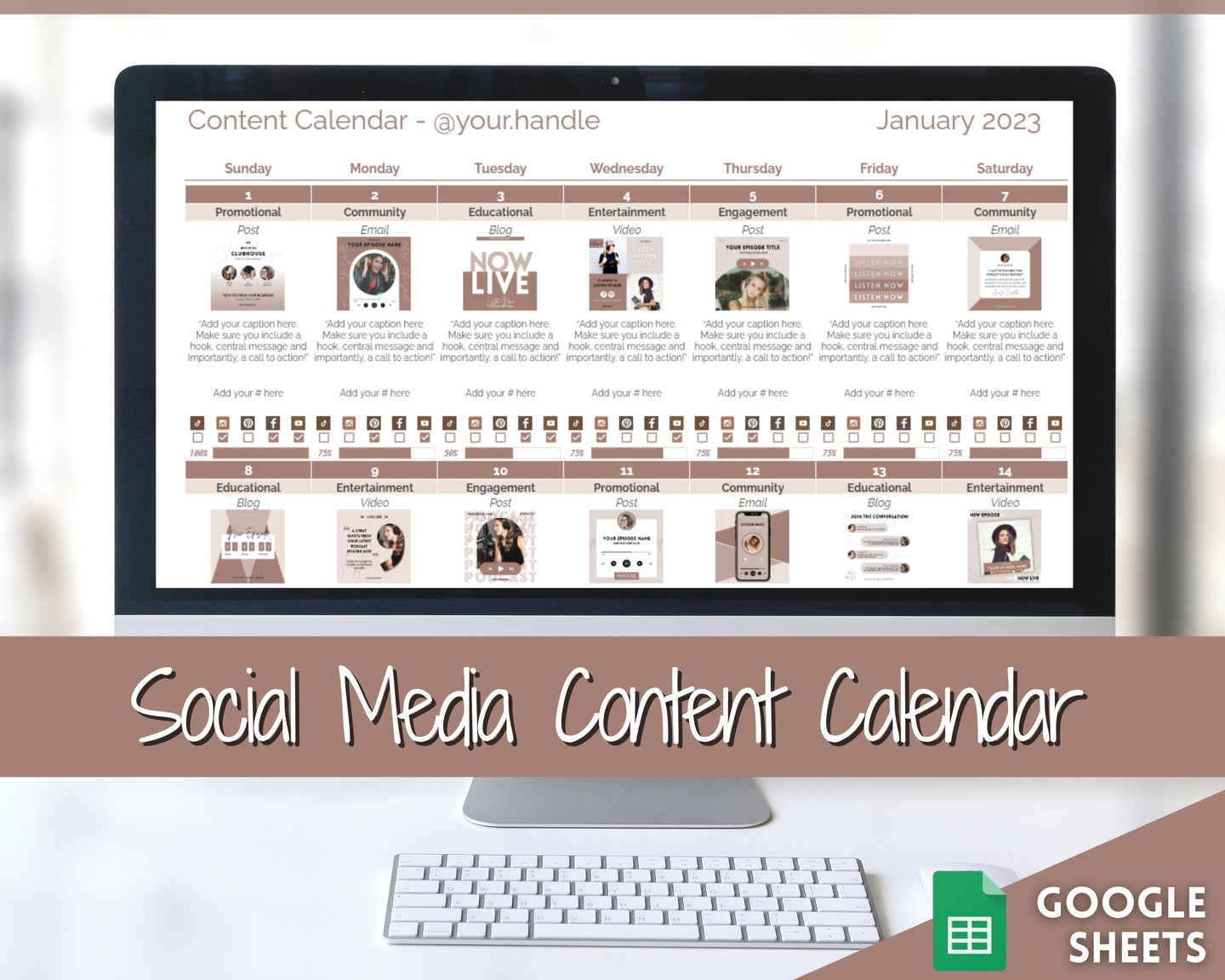 Social Media Content Calendar | Google Sheets Content Planner, Social Media Manager Spreadsheet for Instagram, YouTube, TikTok Influencers | Brown