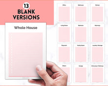 Load image into Gallery viewer, Cleaning Checklist, Printable Room by room Cleaning Cards | Family &amp; Kids Cleaning Schedule Planner &amp; Tracker | Pink
