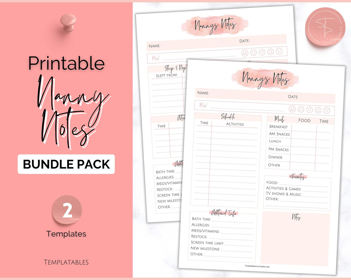 Nanny Schedule, Notes & Report Template for Baby | Babysitter Info Hiring Guide, Nanny Checklist & Planner, Baby Daily Log | Pink Watercolor
