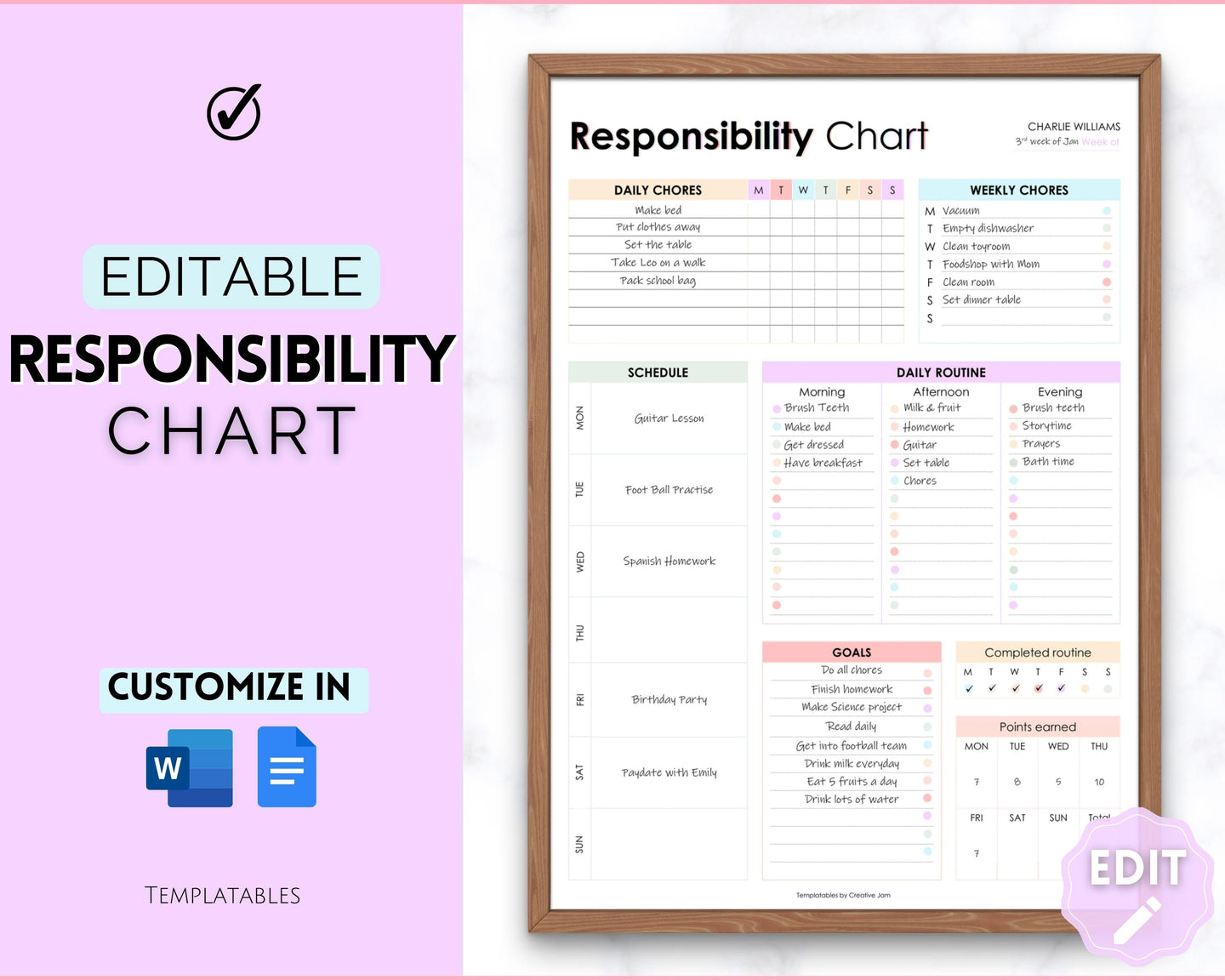 EDITABLE Responsibility Chart | Family Chore Chart, Weekly Adult Routine & Reward Chart for Kids | Rainbow