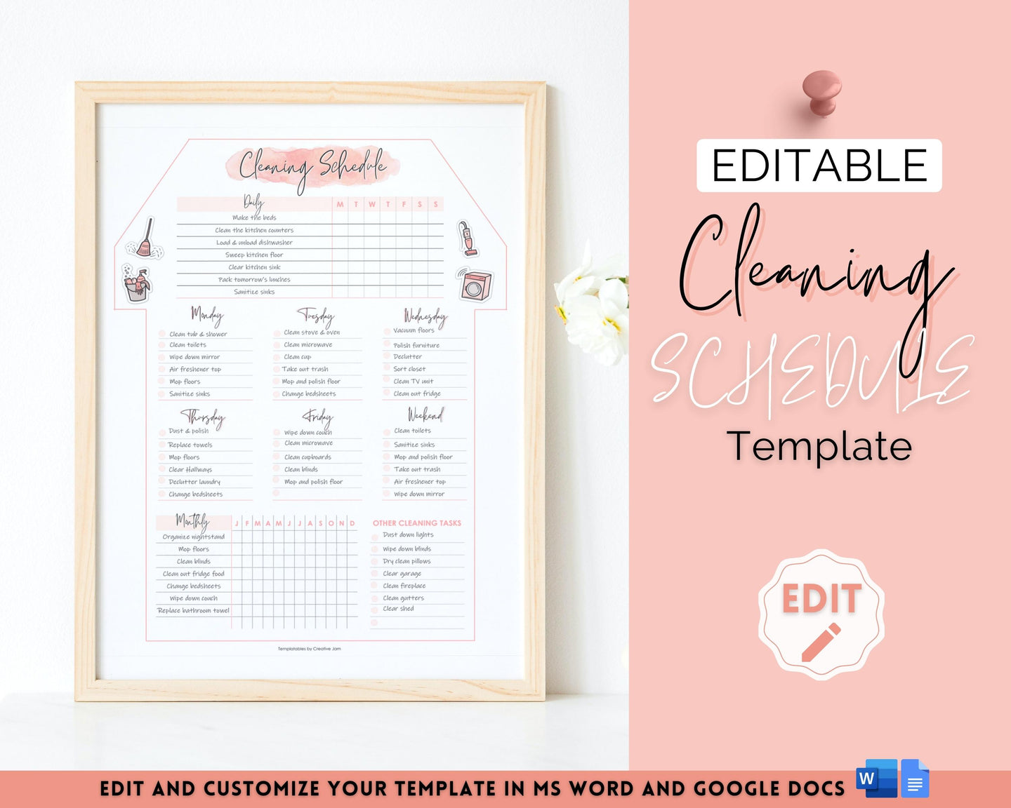 Editable House Shape Cleaning Schedule & Housekeeping Checklist for House Chores | Pink Watercolor