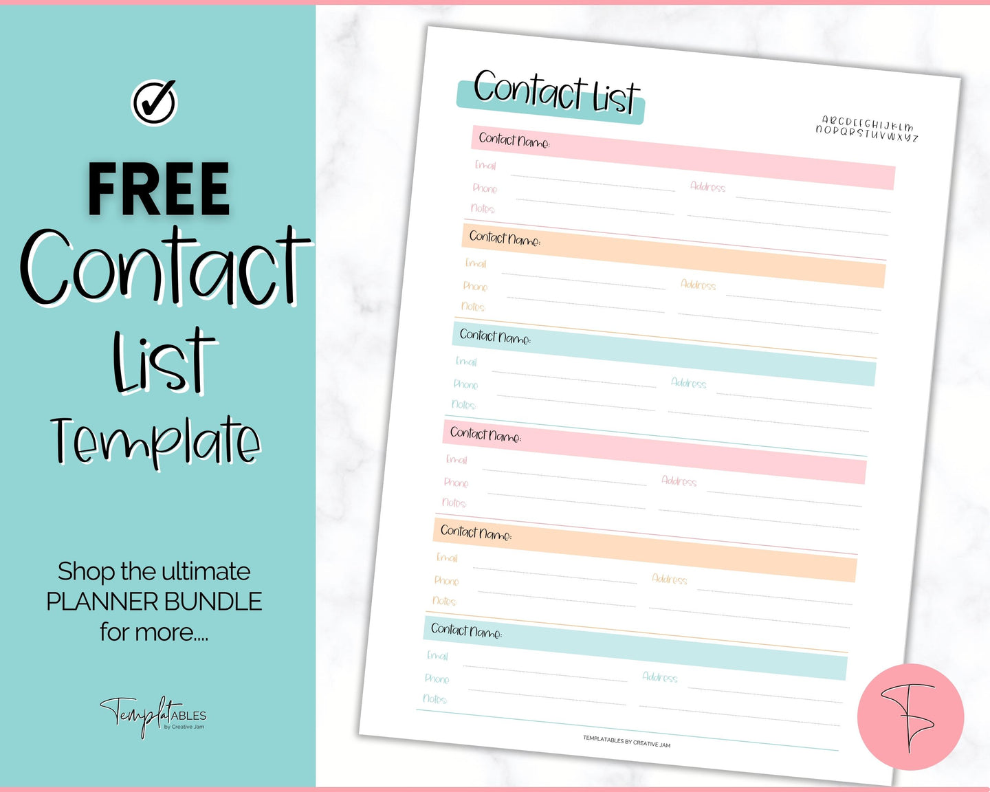 FREE - Contact List Printable Template, Address Book, Contact Log | Colorful Sky