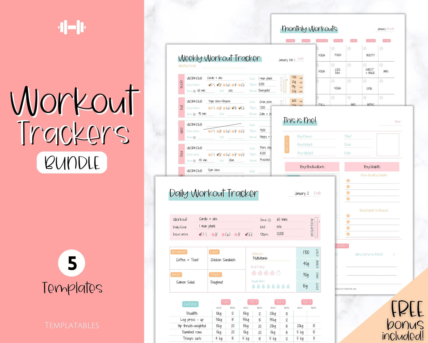 Workout Tracker BUNDLE | Fitness, Exercise & Weight loss Planner | Colorful Sky