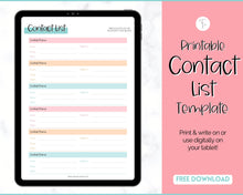 Load image into Gallery viewer, FREE - Contact List Printable Template, Address Book, Contact Log | Colorful Sky
