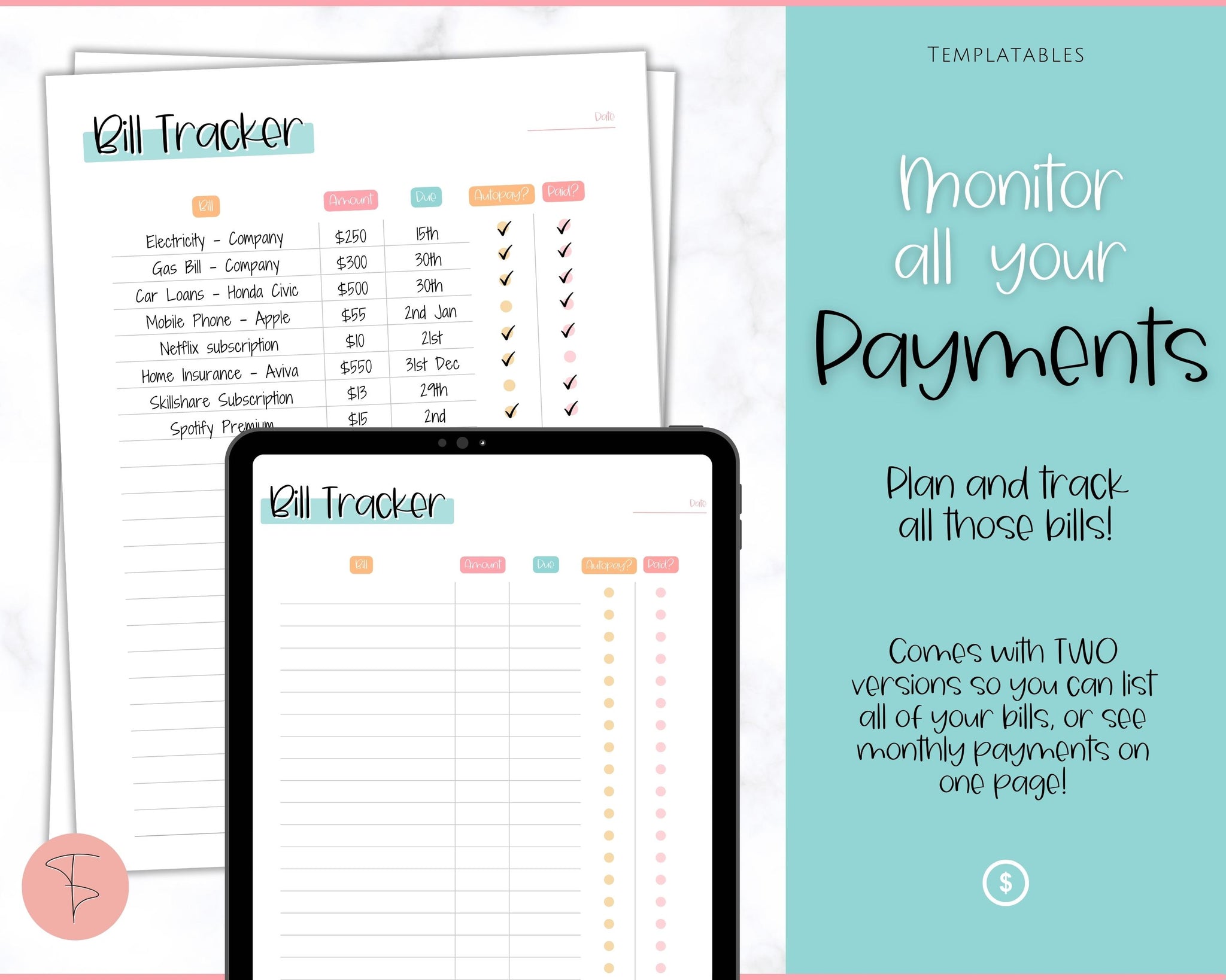 Bill Status Table Bill Tracker, Bill Payment Printables | Budget Planner Templates