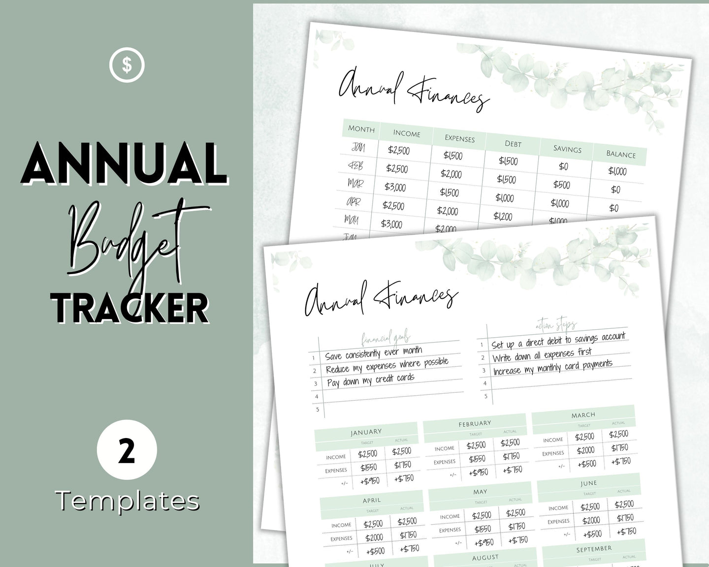 Annual Budget Tracker | Bill, Expenses, Income & Savings Tracker | Green Eucalyptus