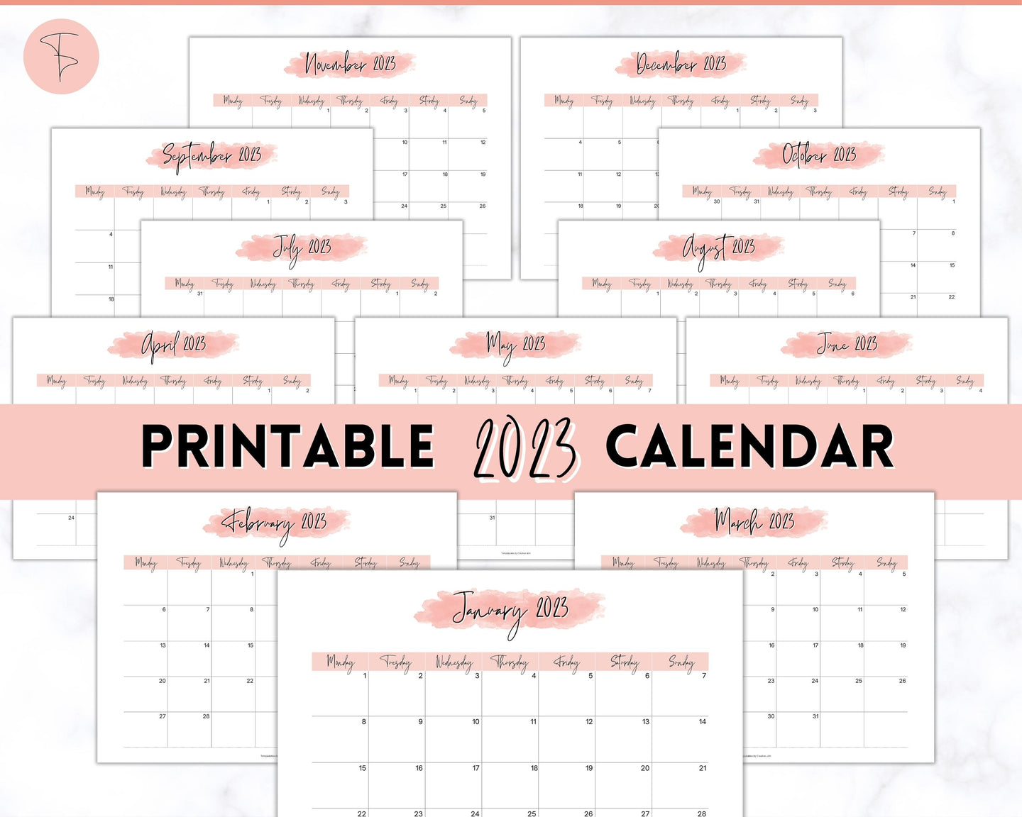 2023 Monthly Calendar Printable | 12 Month Desk Calendar Planner | Landscape Pink Watercolor
