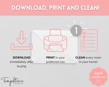 Load image into Gallery viewer, Cleaning Checklist, Printable Room by room Cleaning Cards | Family &amp; Kids Cleaning Schedule Planner &amp; Tracker | Pink

