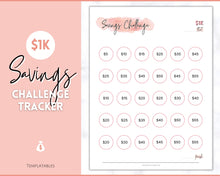 Load image into Gallery viewer, 1000 Savings Challenge, 1k Saving Tracker Printable | 30 day, Cash Envelopes to Save Money &amp; Budget | Pink
