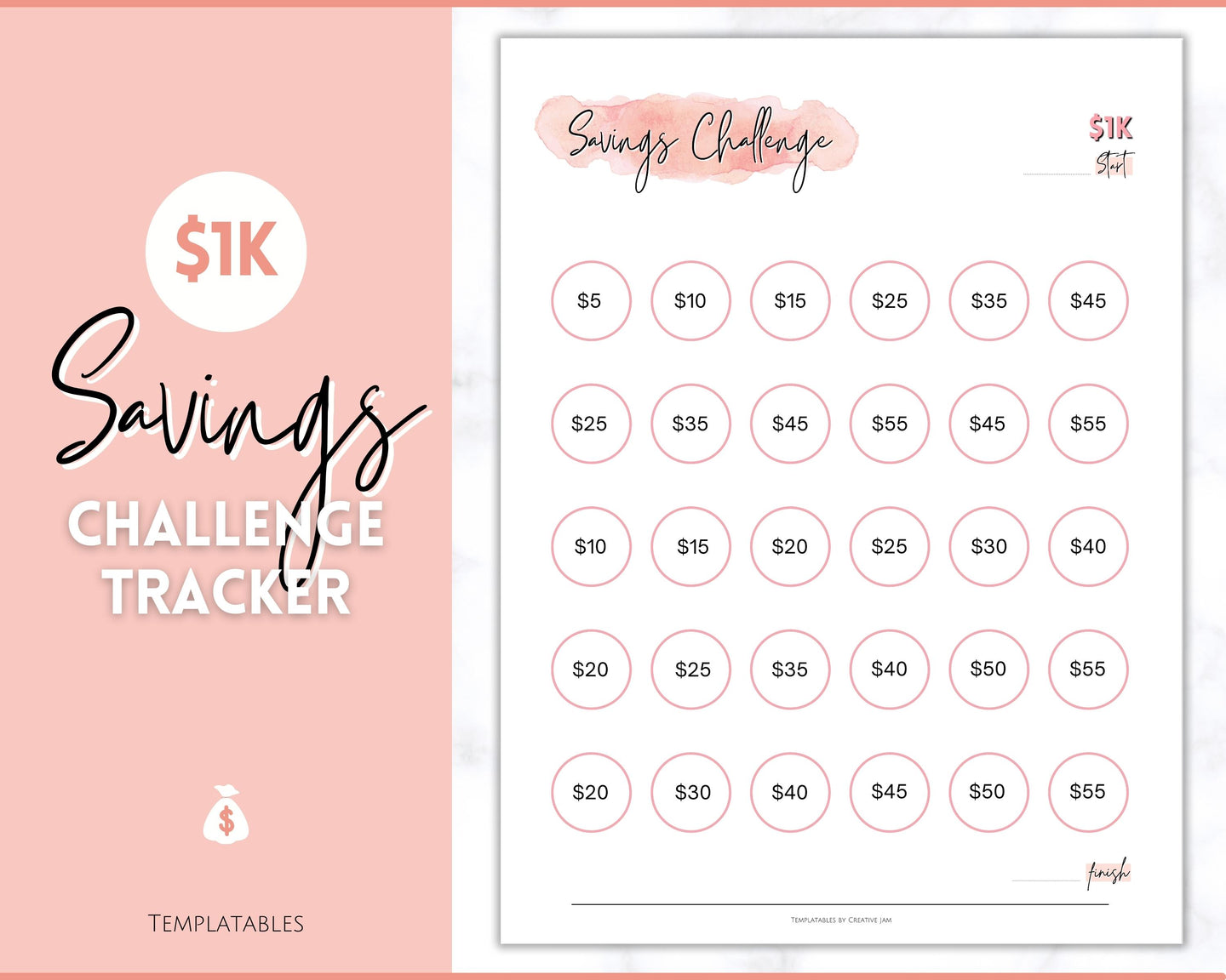 1000 Savings Challenge, 1k Saving Tracker Printable | 30 day, Cash Envelopes to Save Money & Budget | Pink