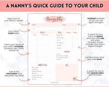 Load image into Gallery viewer, Nanny Schedule, Notes &amp; Report Template for Baby | Babysitter Info Hiring Guide, Nanny Checklist &amp; Planner, Baby Daily Log | Pink Watercolor
