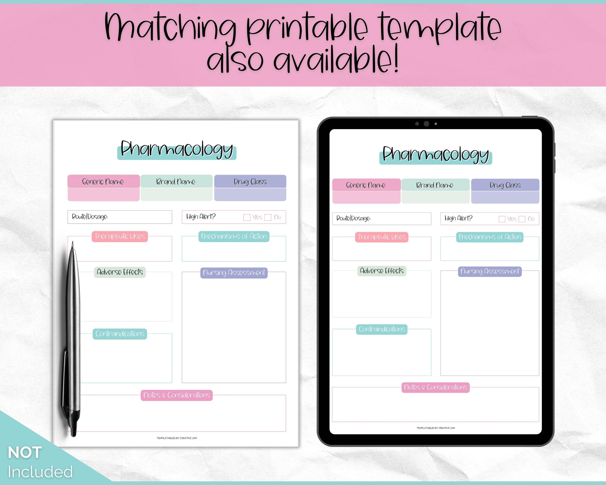 Pharmacology Drug Card Template for Nursing School Nurse Flashcards