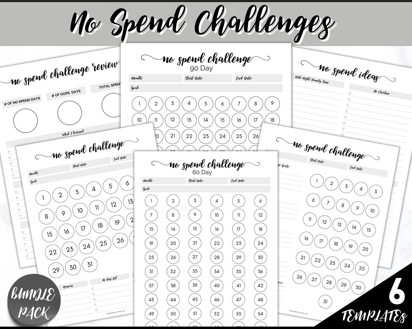 No Spend Challenge BUNDLE | Printable 30 day, 60 day, 90 day Savings Challenge & Monthly Spending Tracker | Mono Swash