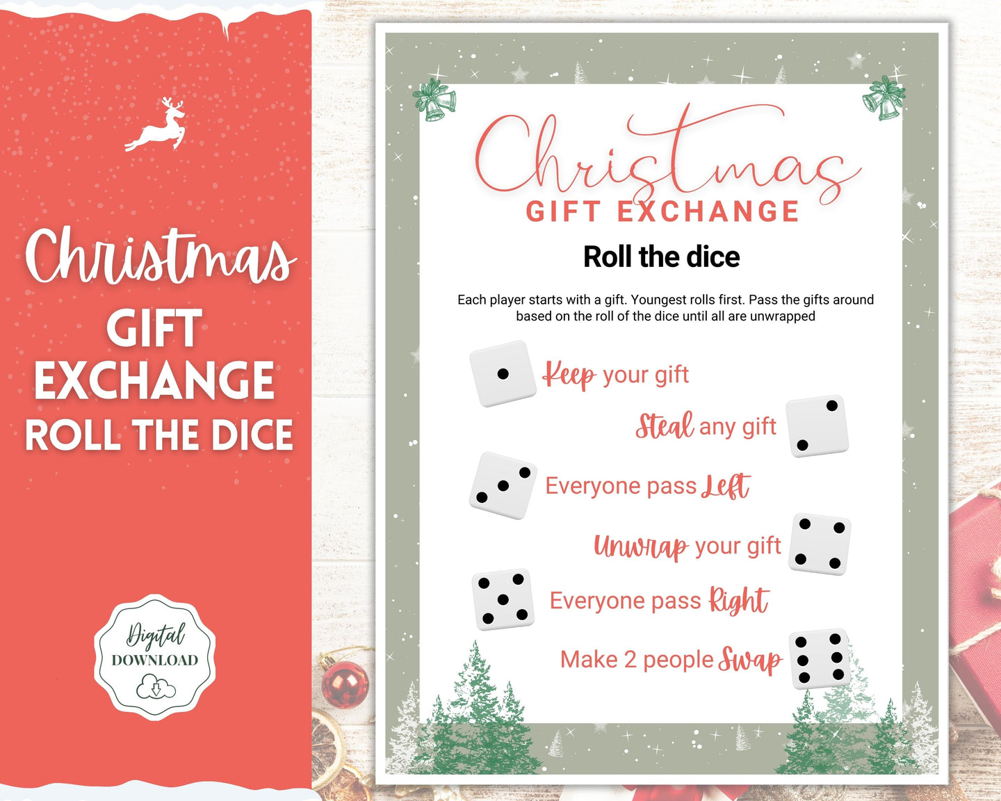 Christmas Roll The Dice Game | Holiday Xmas Party Game Printables for the Family | Green