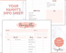 Load image into Gallery viewer, Nanny Schedule, Notes &amp; Report Template for Baby | Babysitter Info Hiring Guide, Nanny Checklist &amp; Planner, Baby Daily Log | Pink Watercolor
