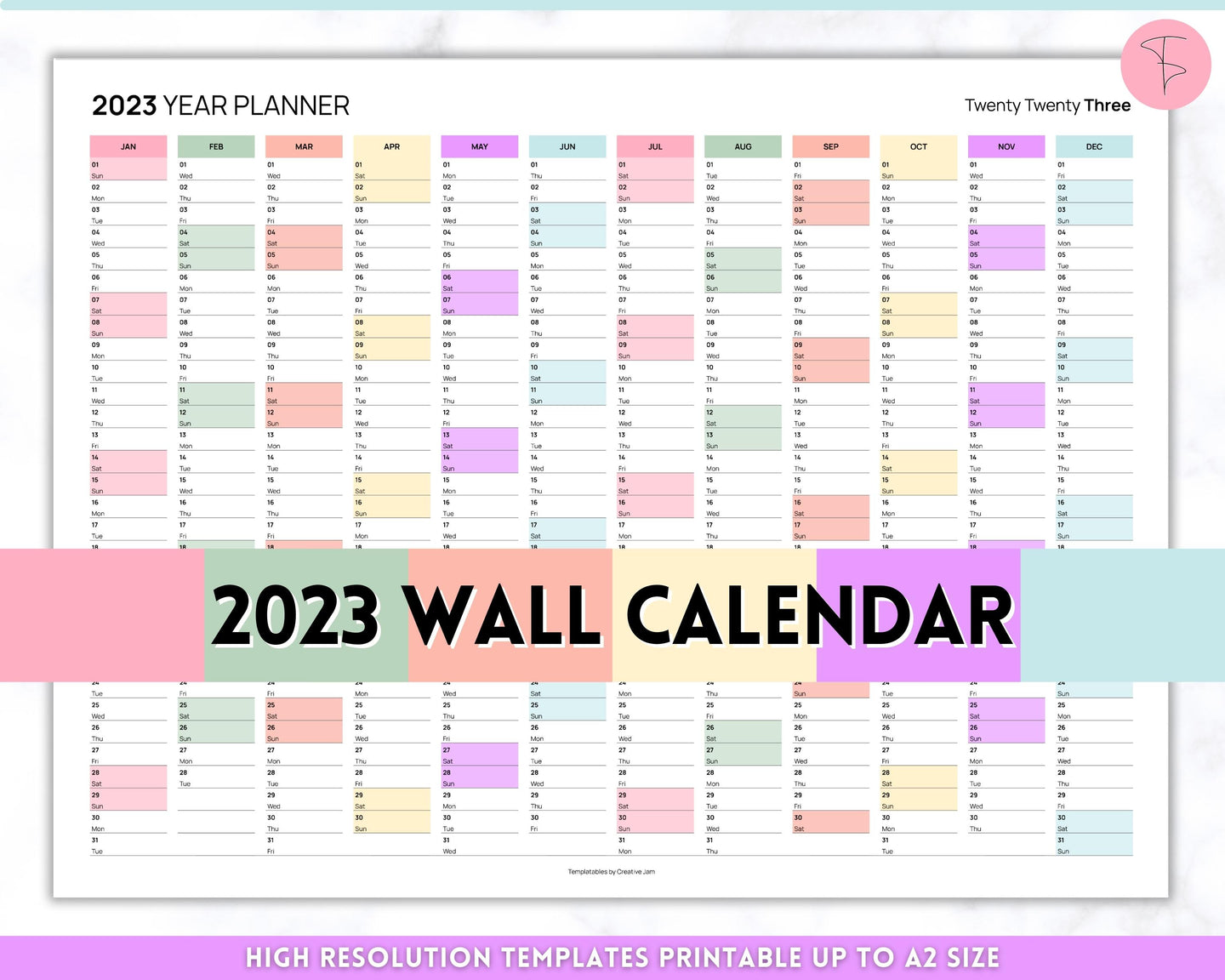 2023 Wall Calendar Printable | Large 12 Month Personalized Calendar, Annual Year at a glance | Pastel Rainbow