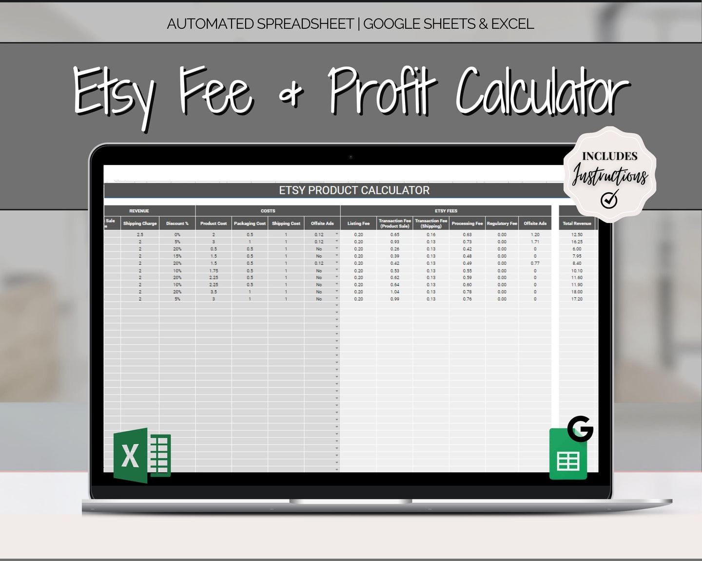 Etsy Fee and Profit Calculator | Pricing Spreadsheet for Small Business & Etsy Sellers | Mono