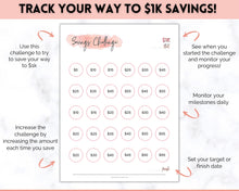 Load image into Gallery viewer, 1000 Savings Challenge, 1k Saving Tracker Printable | 30 day, Cash Envelopes to Save Money &amp; Budget | Pink
