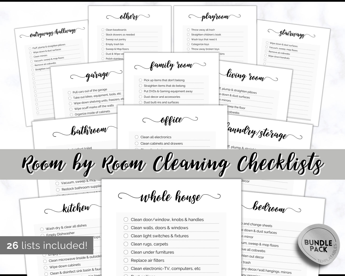 Cleaning Checklist, Printable Room by room Cleaning Cards | Family & Kids Cleaning Schedule Planner & Tracker | Mono Swash