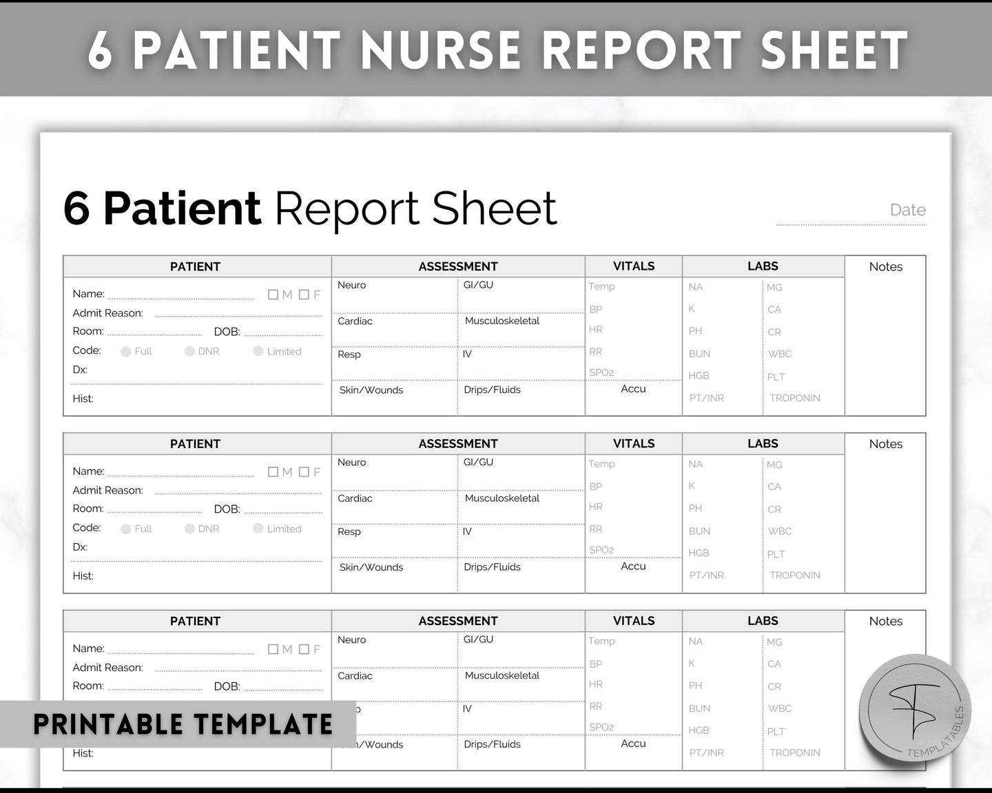6 Patient Nurse Report Sheet to Organize your Shifts | Nurse Brain Sheet, ICU Nurse Report Patient Assessment Template | Mono