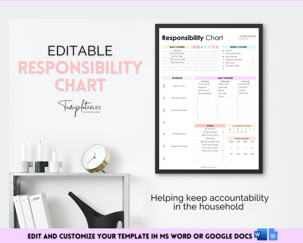 EDITABLE Responsibility Chart | Family Chore Chart & Weekly Routine