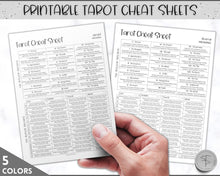 Load image into Gallery viewer, Tarot Cheat Sheet Printable |  Learn Tarot Card Readings for Beginners, Tarot Spreads, Upright &amp; Reverse meanings | Sky Mono
