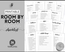 Load image into Gallery viewer, Cleaning Checklist, Printable Room by room Cleaning Cards | Family &amp; Kids Cleaning Schedule Planner &amp; Tracker | Mono Swash
