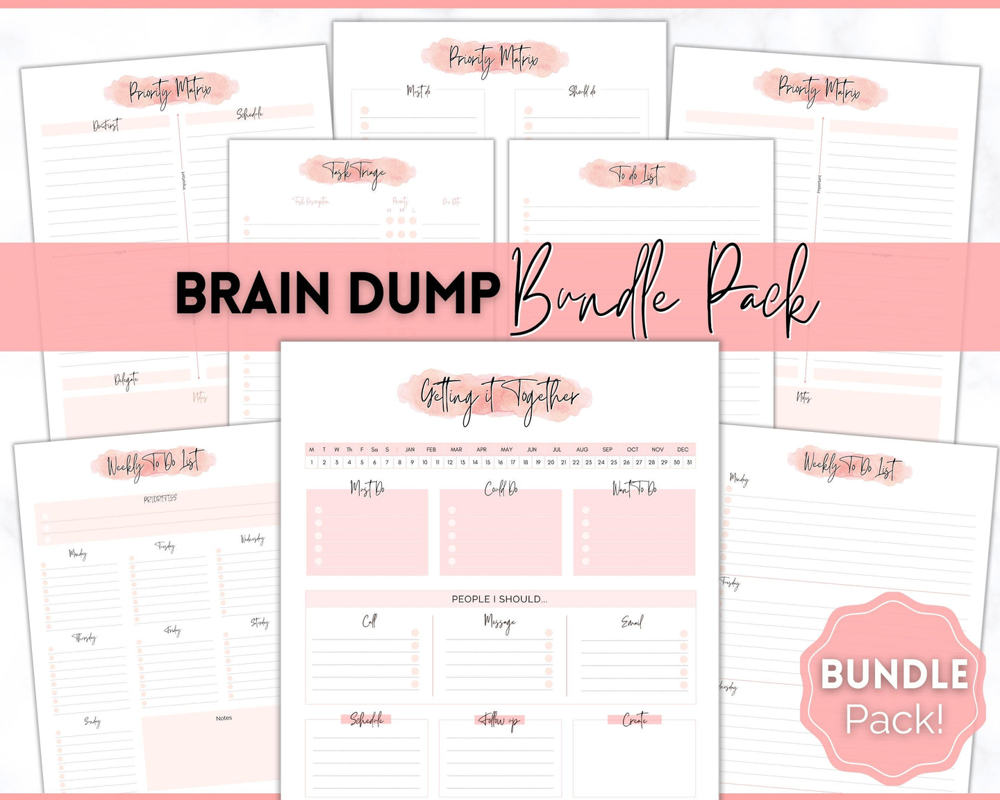 EDITABLE Brain Dump Template BUNDLE | To Do List Printable, ADHD Work Productivity Planner | Pink Watercolor