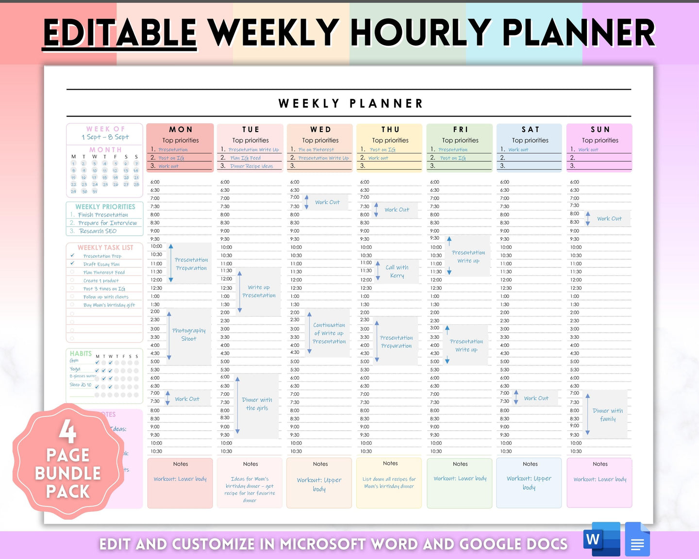 Weekly Hourly Planner - EDITABLE Weekly Schedule & Daily Planner | Colorful Undated Planner, 2023 Weekly Organizer, To Do List Printable | Pastel Rainbow