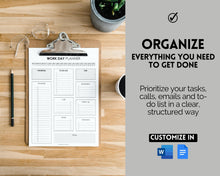 Load image into Gallery viewer, Work Planner &amp; Work Day Organizer | Editable Daily Planner, Work From Home To Do List Printable &amp; Digital Schedule | Mono
