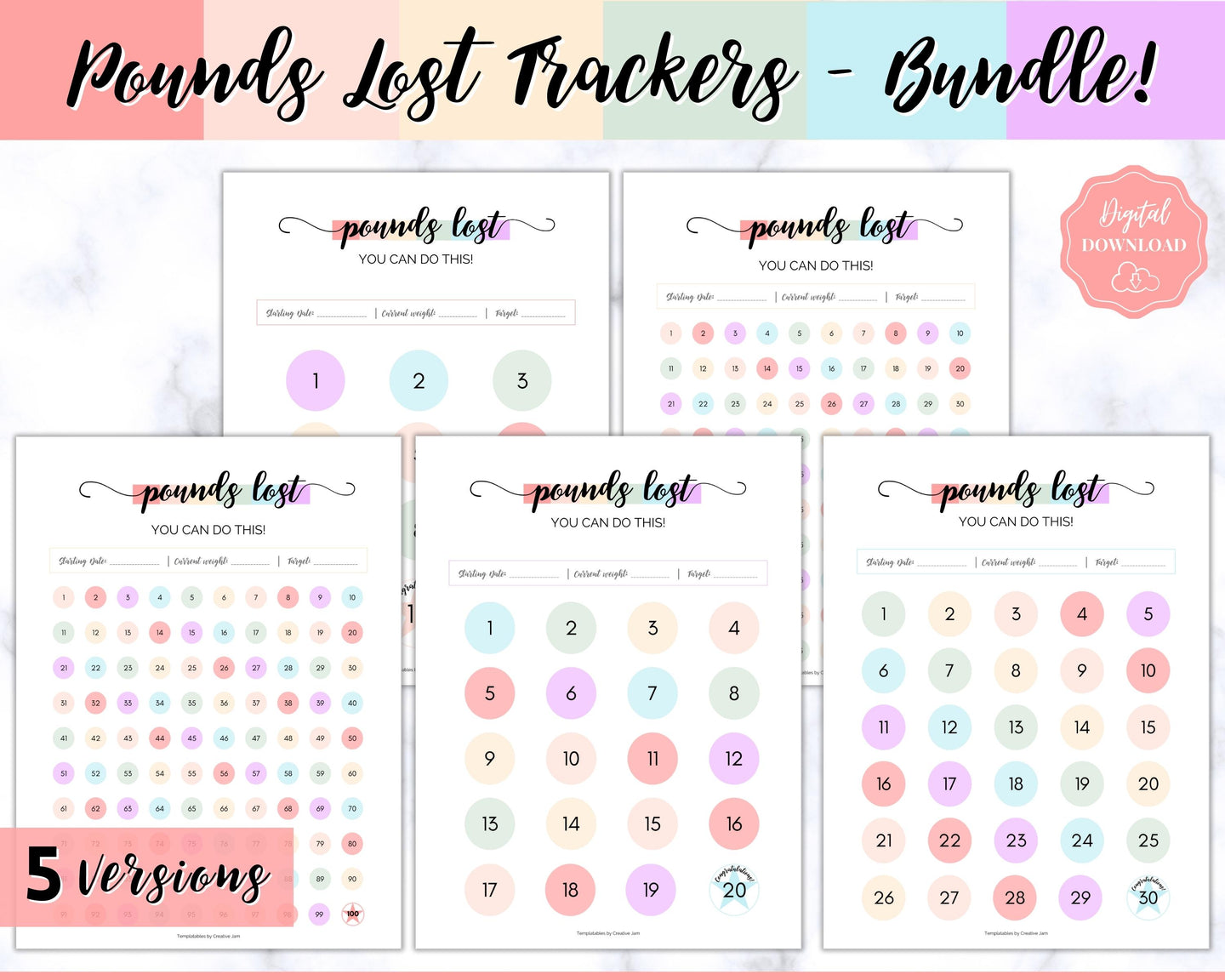 Pounds Lost Tracker Bundle - 10 20, 30, 50, 100 lbs Printable Weight Loss Printables | Swash Rainbow