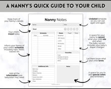 Load image into Gallery viewer, Nanny Schedule, Notes &amp; Report Template for Baby | Babysitter Info Hiring Guide, Nanny Checklist &amp; Planner, Baby Daily Log | Mono
