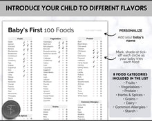 Load image into Gallery viewer, Baby Food Tracker Printable BUNDLE | Baby’s First Foods Meal Planner &amp; Daily Food Diary, 100 Foods Before 1 | Mono
