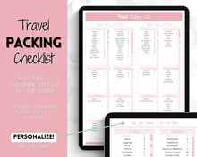 Load image into Gallery viewer, Digital Ultimate Travel Planner | Google Sheets Editable Travel Spreadsheet, Trip Expense Tracker, Packing List, Vacation Schedule | Pink
