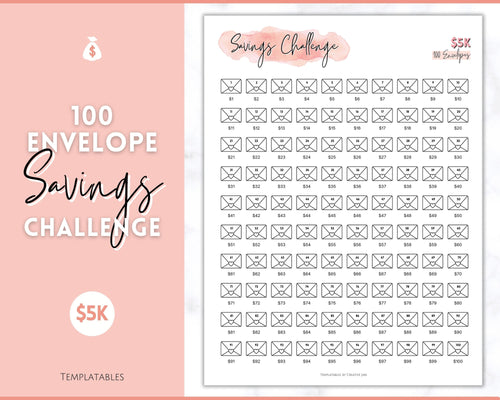 5k Envelope Challenge, 5000 Savings Tracker Printable, 100 Envelopes Save, Budget Cash Envelope, 100 day challenge, Money Saving Finance | Pink Scrawl