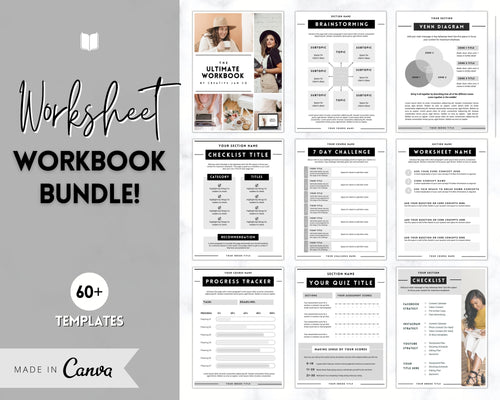 60+ WORKSHEET Template Bundle! Canva Workbook Templates, eBook, Lead Magnet, Coaches, Opt In, Charts, Checklists, Planners, Webinar, Challenges | Lovelo Mono