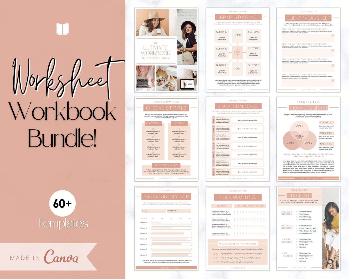 60+ WORKSHEET Template Bundle! Canva Workbook Templates, eBook, Lead Magnet, Coaches, Opt In, Charts, Checklists, Planners, Webinar, Challenges | Natural Brown