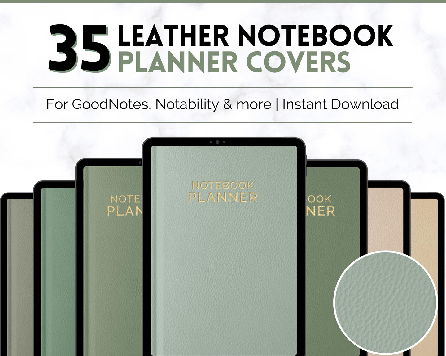 35 Digital Planner Notebook Covers | Digital Journal Covers for GoodNotes & iPad | Leather Texture Green