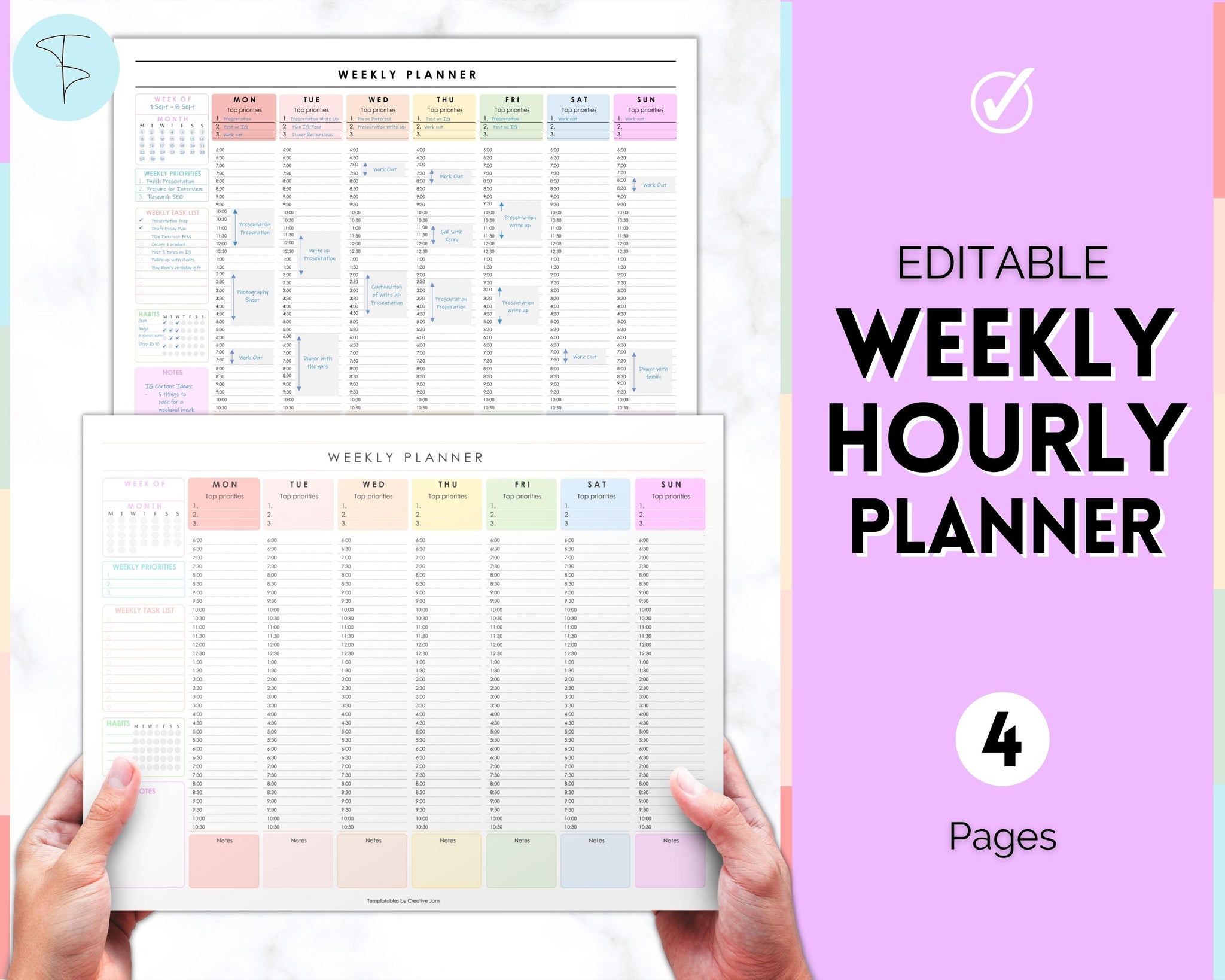 Weekly Hourly Planner EDITABLE Weekly Schedule Daily Planner