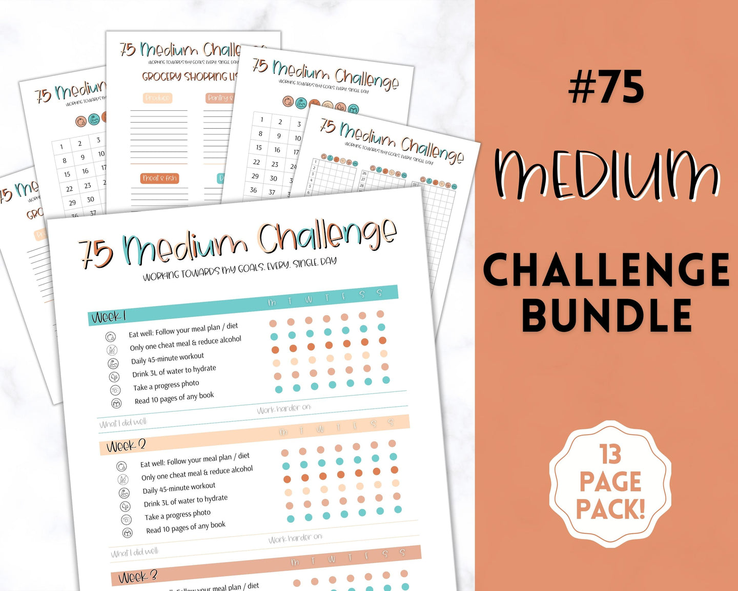 EDITABLE 75 MEDIUM Challenge Tracker | 75medium Printable Challenge, Fitness & Health Planner | Summer