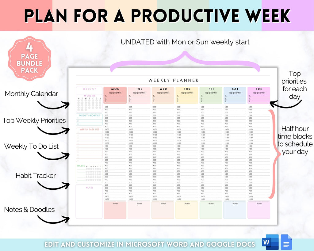 Editable Weekly Planner Row Weekly Hourly Planner - EDITABLE Weekly Schedule & Daily Planner