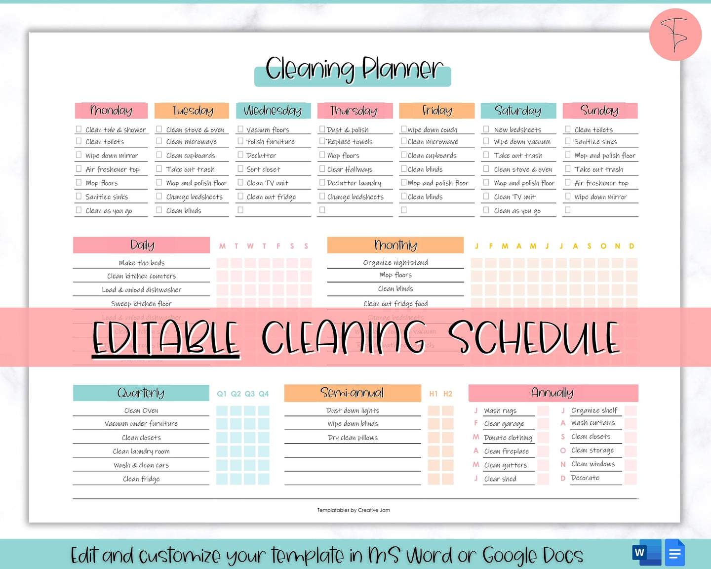 Editable Cleaning Schedule & Housekeeping Checklist for House Chores | Colorful Sky Bundle