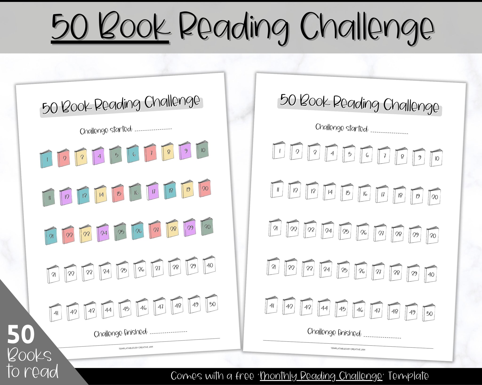 50 Book Reading Challenge Bundle Reading Tracker & Planner Mono