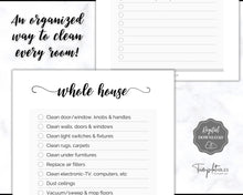 Load image into Gallery viewer, Cleaning Checklist, Printable Room by room Cleaning Cards | Family &amp; Kids Cleaning Schedule Planner &amp; Tracker | Mono Swash
