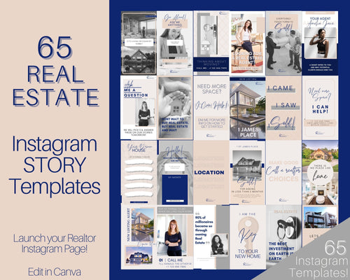 65 REAL ESTATE Instagram Story Templates. Editable Realtor Canva Template Pack. Instagram Square Posts. Marketing Graphics, Social Media IG