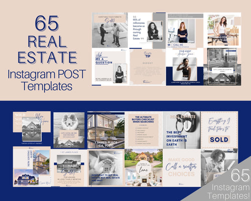 65 REAL ESTATE Instagram Templates. Editable Realtor Canva Template Pack. Instagram Square Posts. Marketing Graphics, Social Media IG